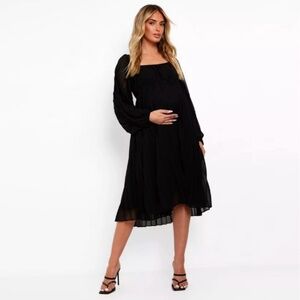 Boohoo Maternity Black Square Neck Pleated Sheer Long Sleeve Midi Dress Sz 6